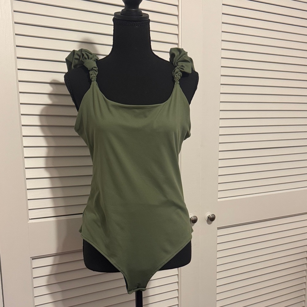Chic Olive Green Bodysuit with Stylish Shoulder Details